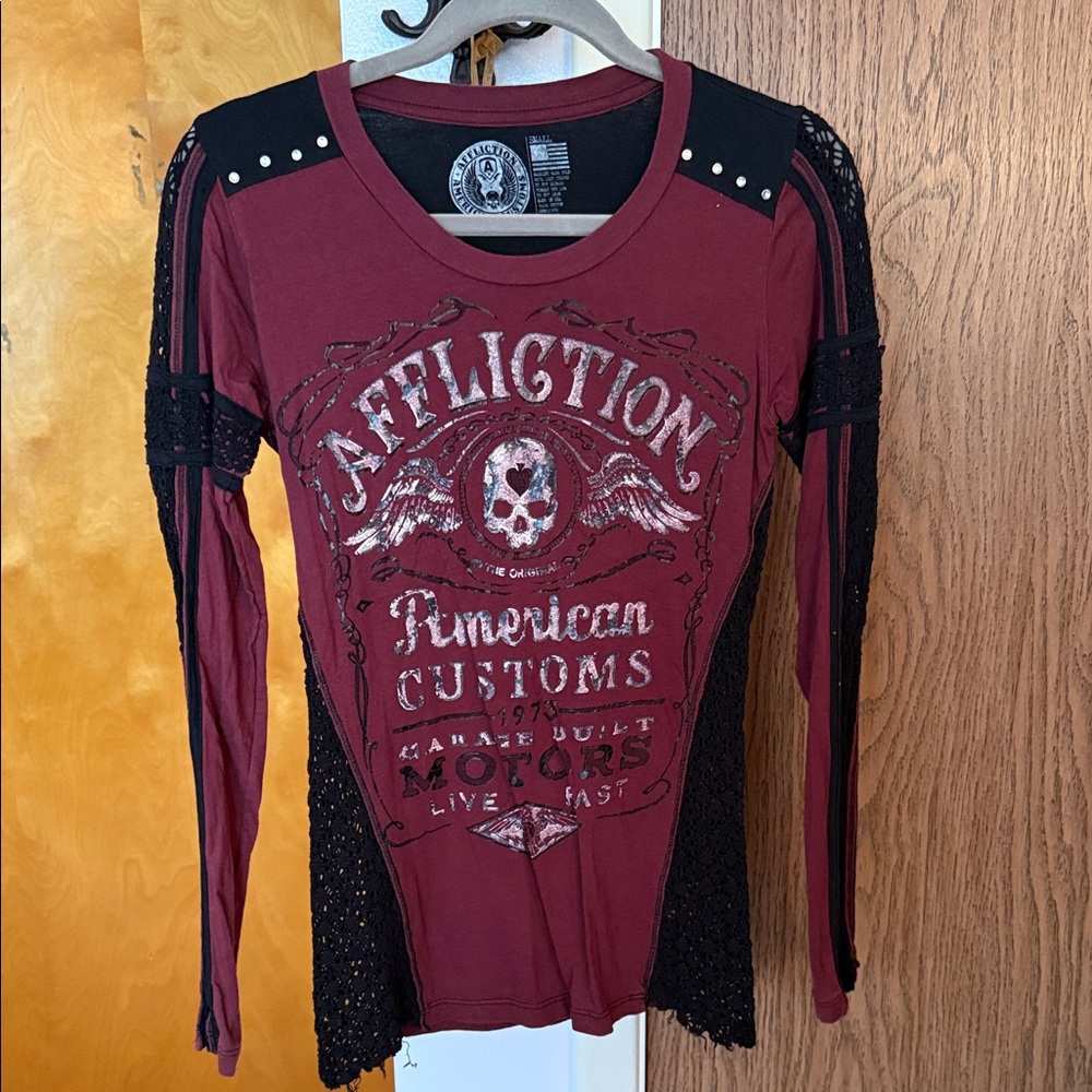 Affliction Maroon and Black Lace Sleeve Top